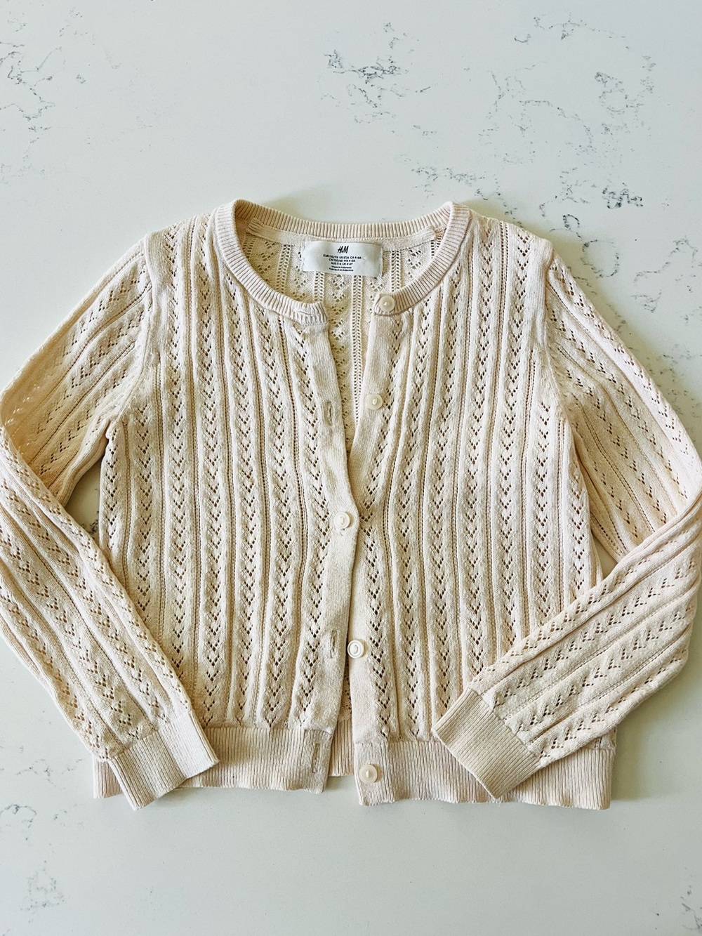 H&M Girls Cream Pointelle-Knit Cotton Cardigan Sweater Size 5T/6